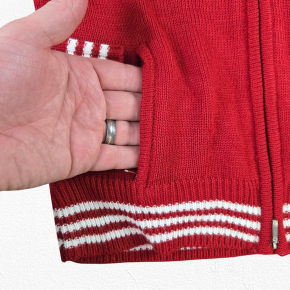 90s Y2K Red Striped Retro Full Zip Mock Neck Bubblegum Sweater Size Medium - Picture 4 of 6